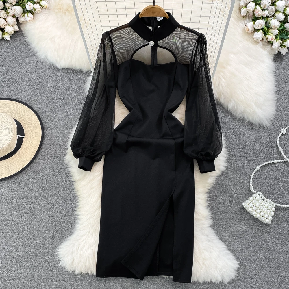 

Spring Socialite Hollowed Out Lantern Sleeve High Waist Improved Style Long Cheongsam Bag Hip Slit Dress