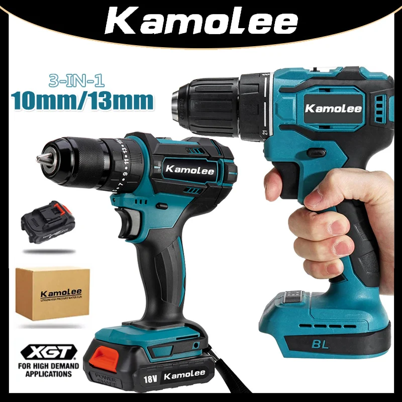 Kamolee 10mm Brushed Cordless Electric Impact Drill Electric Screwdriver Home DIY Power Tools For Makita 18V Battery