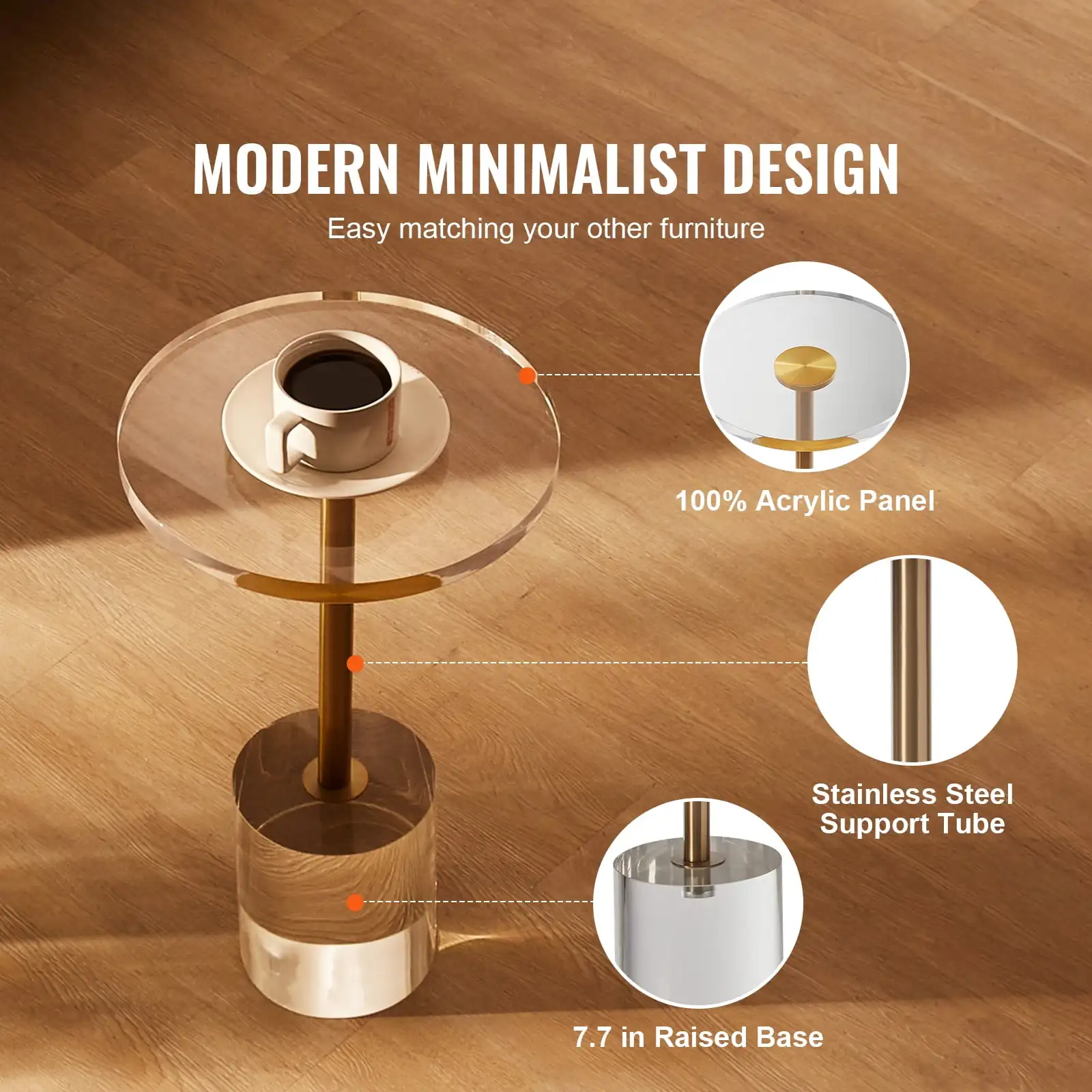 Clear Acrylic End Table, Acrylic Side Table with a Solid Base, 11.9 x 11.9 inch Round Tabletop, 21.4 inch High, for Coffee,Drink 3
