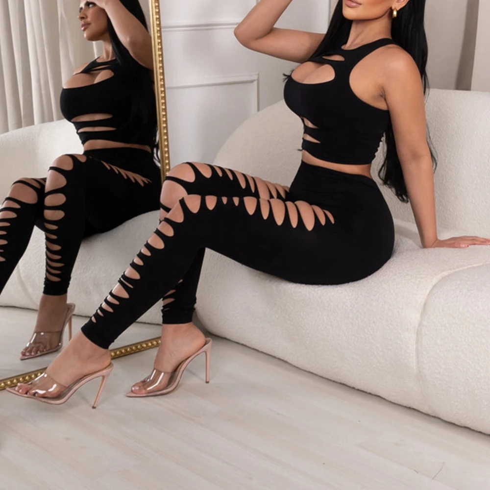 Summer Women Ladder Cutout Cami Top & High Waist Pencil Pants Set Femme Hollow Out 2Pcs Casual Skinny 2 Pieces Outfits Sexy Club