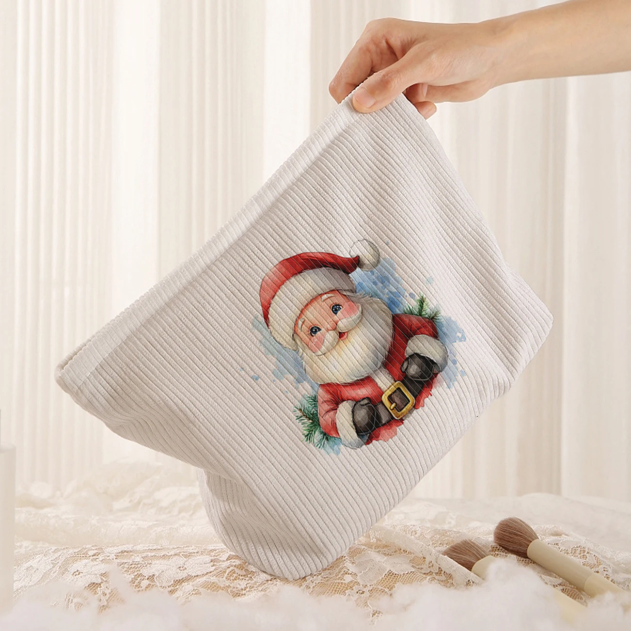 1 Christmas themed corduroy makeup bag, lightweight zipper makeup storage box, multifunctional bag with lining