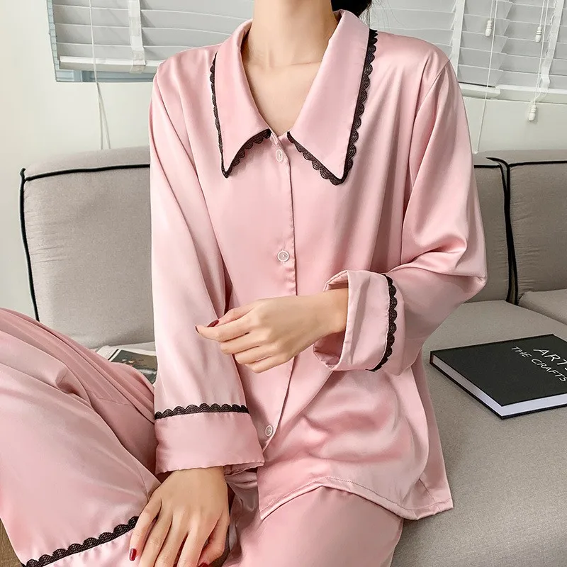 

2PCS Pajamas Suit Women Home Clothing Sleep Set Casual Long Sleeve Sleep Set Intimate Lingerie Satin Bow Homewear Pyjamas