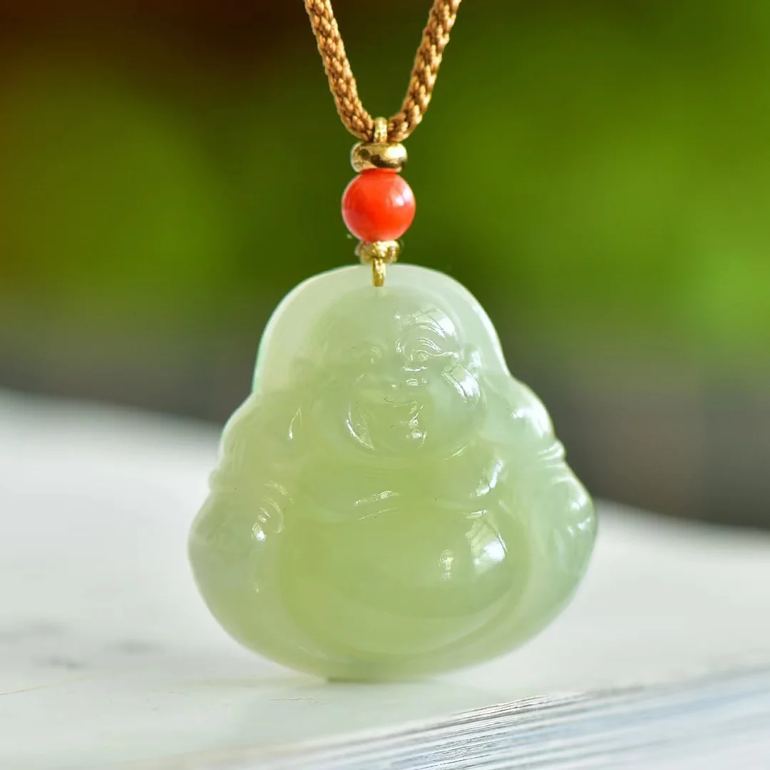 

Hetian Jade Qinghai Material Ice Bottom Clear Water Happy Maitreya Buddha Pendant Blessings One after Another Jewelry 1444#