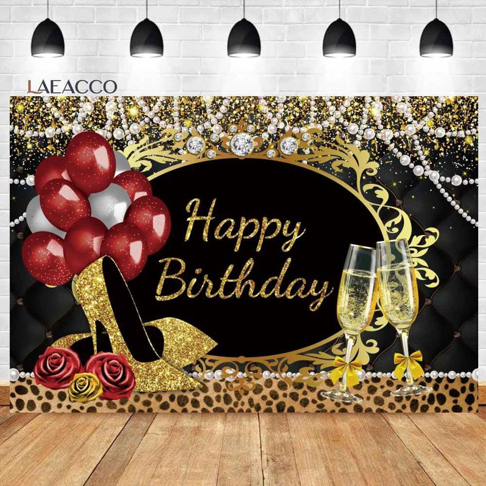 

Laeacco Women's Birthday Photo Background Gold Jewelry High Heels Balloons Princess Portrait Customized Photography Backdrop