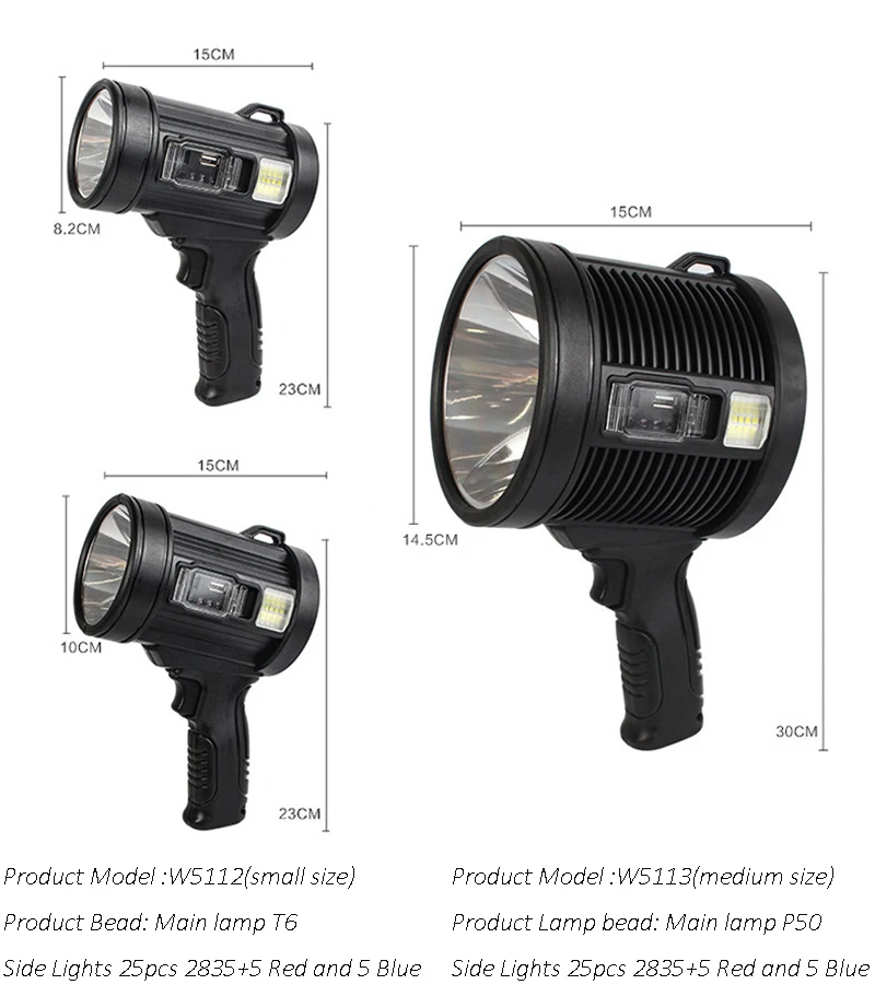 Description Picture 2 of item1Pc High Power Rechargeable Led Flashlight Searchlight Powerful Torch Spotlight Portable Lighting With 8000mAh Lithium Battery
