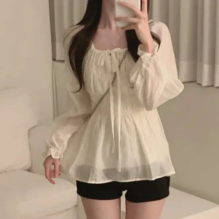 시크한 봄 여름 캐주얼 허리 조절 긴팔 라운드넥 얇은 쉬폰 탑 여성용 주름 허리 섹시 루즈핏 셔츠