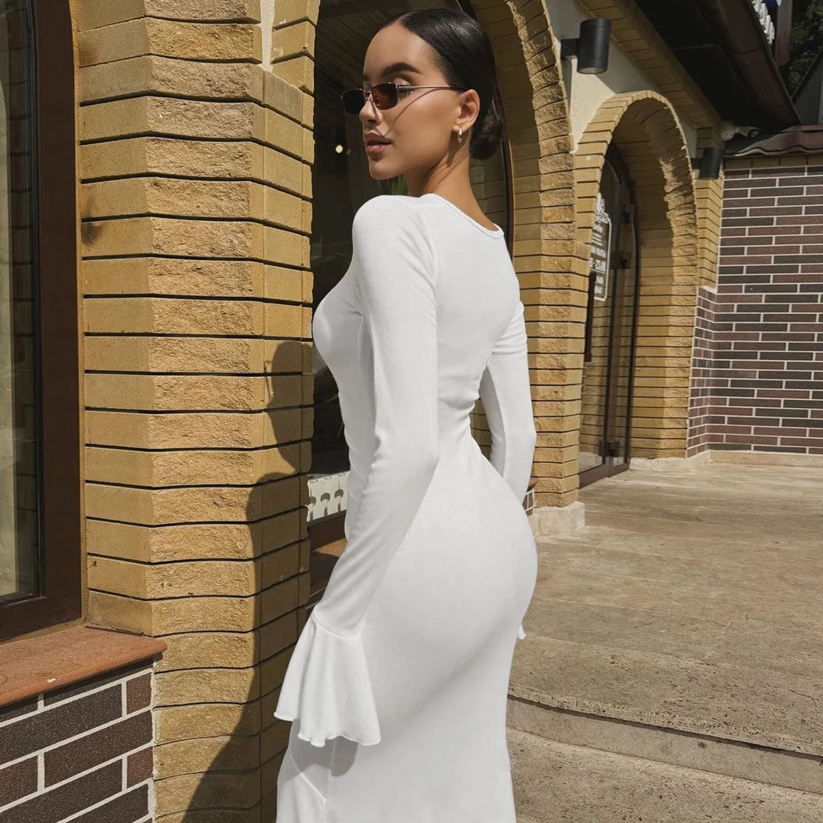 V-Neck Pleated Slim Long Dress Female Fashion Ruffled Patchwork Solid Elegant Party Dress New Women Maxi Dress Streetwear