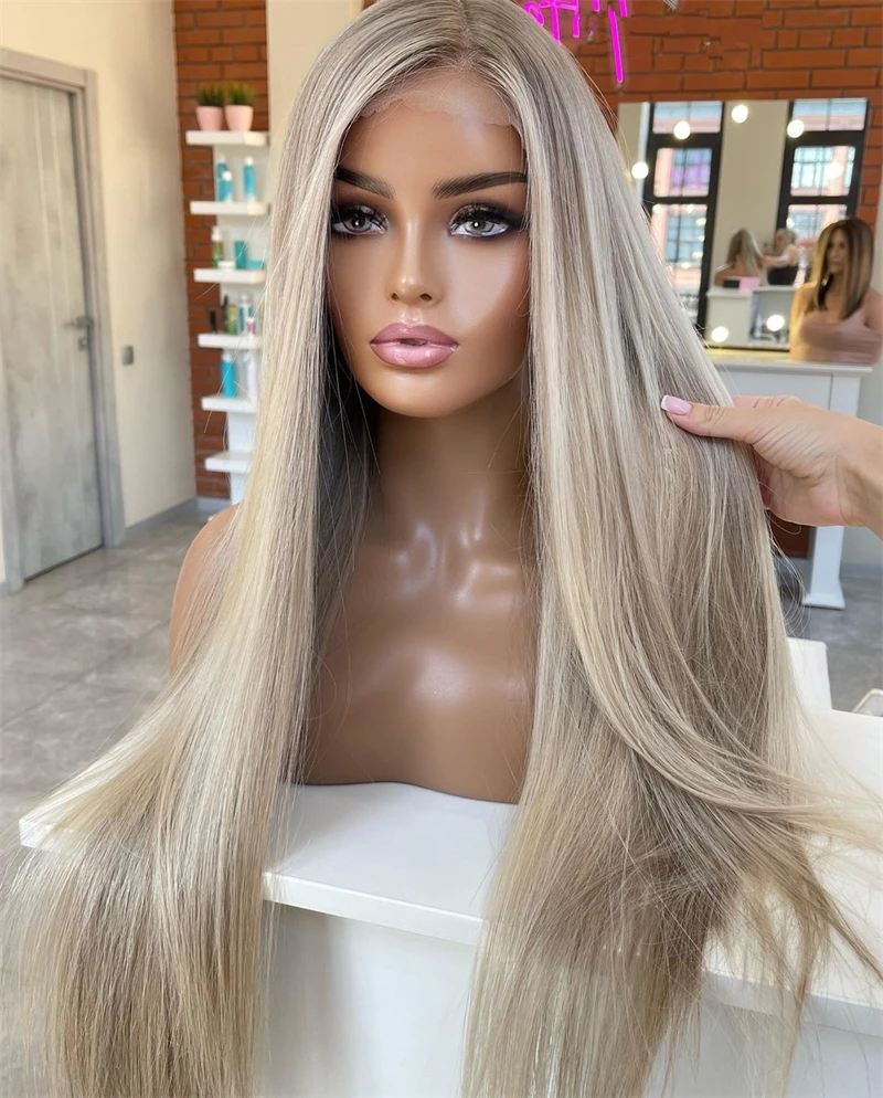 Side Parting Synthetic Lace Front Wig Pre plucked Natural Hairline Mixed with Human Hair Wigs Ash Blonbe Highlights Straight Wig