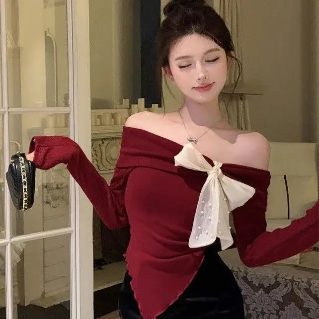 Suéter de punto con lazo en un hombro Suéter rojo navideño de manga larga Top único y hermoso