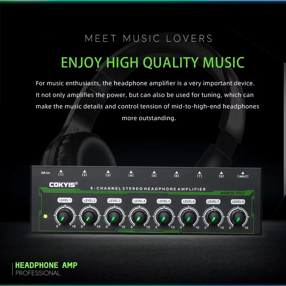 HA800 PRO Audio Amplifier 8 Channels Mini Stereo Headphone Amplifier for Studio Mixing Home KTV headphone with Power Adapter RGB