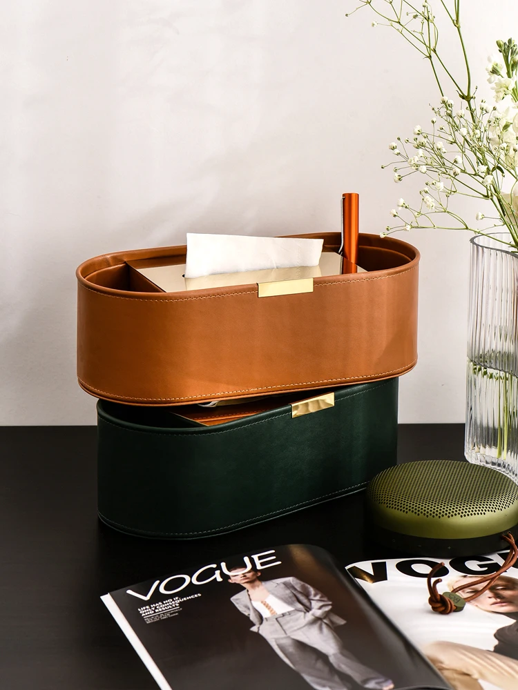 Nordic Home Tableware Light Luxury PU Leather Retro Tissue Box Desktop Storage Paper Holder With Stainless Steel Cover Kitchen 2