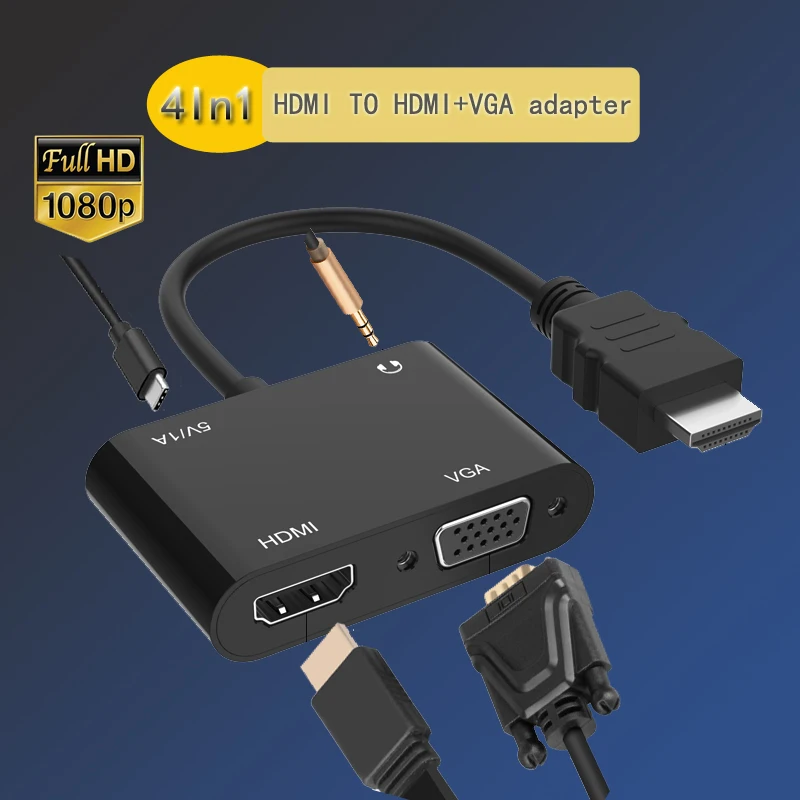 HDMI TO HDMI VGA adapter Converter screen copy Screen Sharing 4 in 1 Plug and play 4K 3.5mm