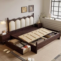 Lit double en bois massif avec dossier souple, table de chevet avec tiroirs, ensemble de meubles de chambre à coucher, ensemble complet 3