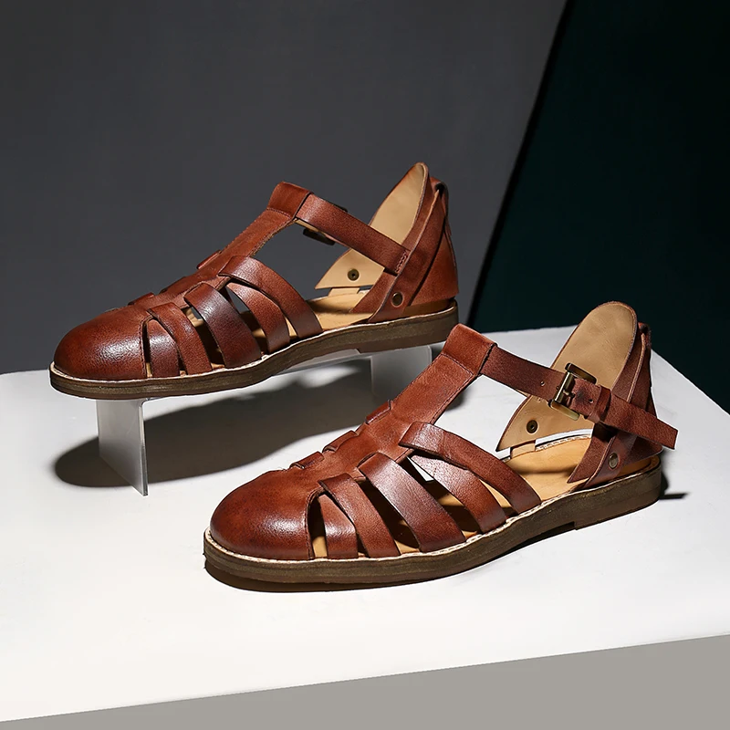 Designer Men's Sandals Personality Summer Retro Flat Sandals Gladator Genuine Leather Casual Daily Office Style