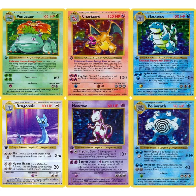 Pokemon Cards PTCG Shadowless Base Set Charizard Venusaur Blastoise Mewtwo Poliwrath Rare Pokemon Cards Collection Bundle Gift 1