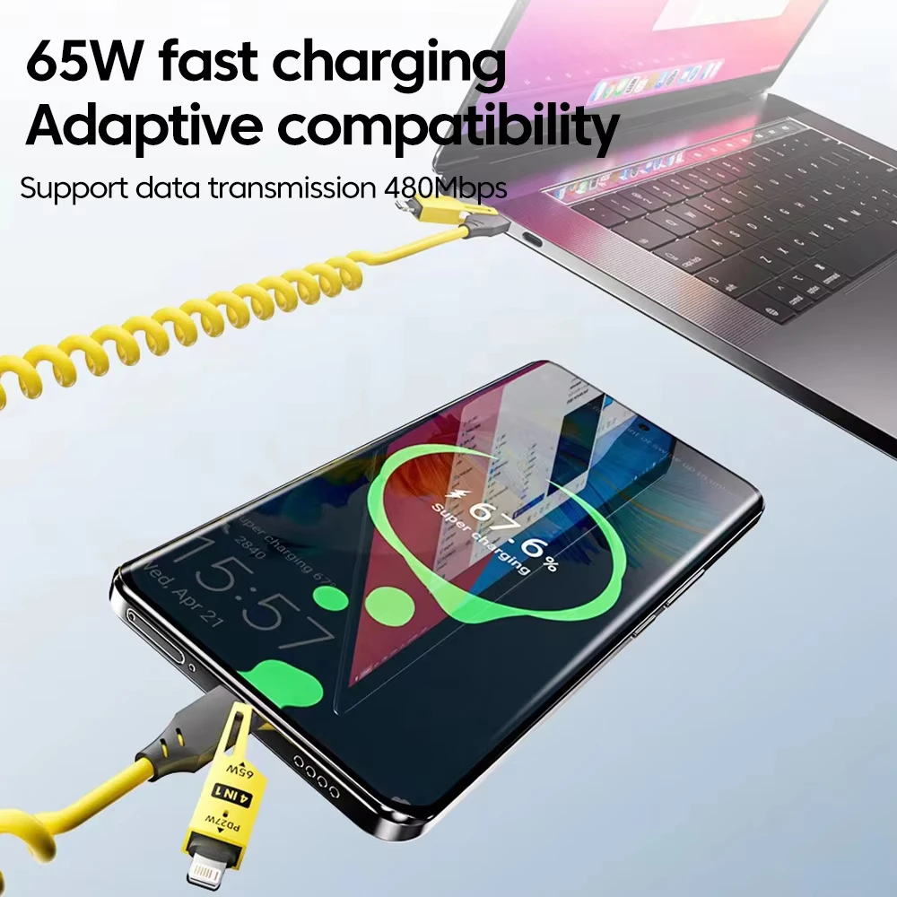 4 in 1 65W Spring USB Cable 6A Fast Charging Telescopic Cord for IPhone13 15 16 17 Pro Max Type C Quick Charger Wire for Samsung