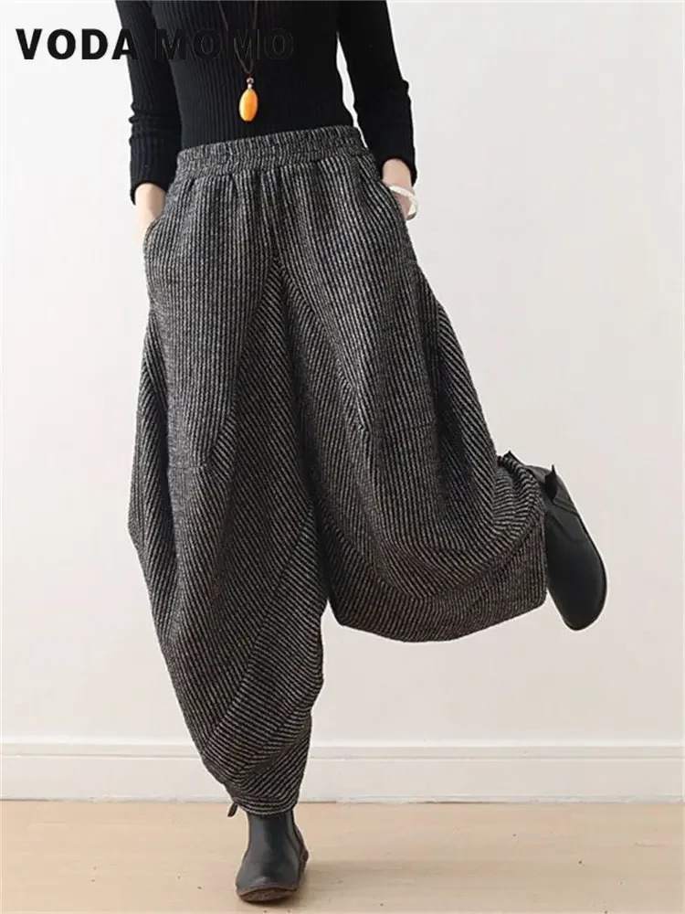 

Spring Autumn New Original Design Harajuku Striped Harajuku Literary Vintage Wide-leg Haren Pant Bloomers Loose Women Streetwear