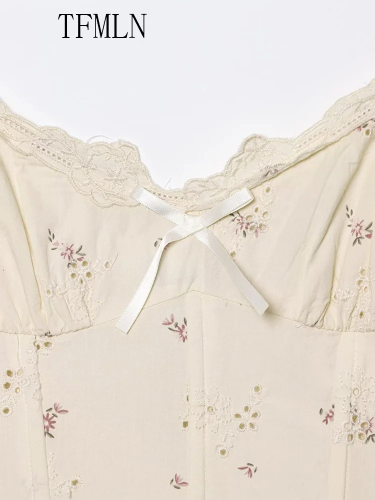 TFMLN Sweet Women Floral Printed Strap Dresses 2025 Summer Bow Sleeveless Sqaure Collar A-line Causal Dress Fashion Ladies Dress