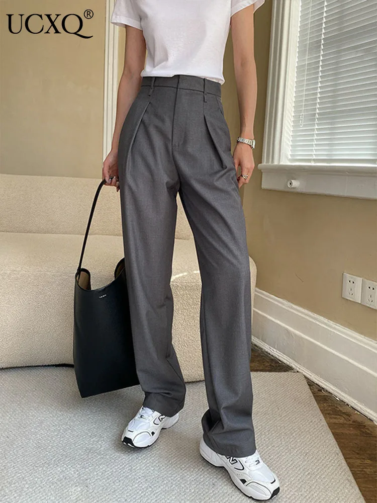 

UCXQ Temperament High Waist Pleated Design Blazer Pants For Women Office Lady Full Length Wide Leg Trousers 2023 Autumn 23A4374