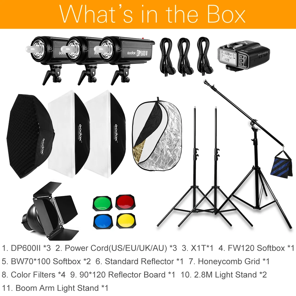 1800W Godox DP600 II DP600II 3x600Ws 사진 스튜디오 플래시 조명, 소프트 박스, 라이트 스탠드, 스튜디오 붐 암 탑 라이트 스탠드