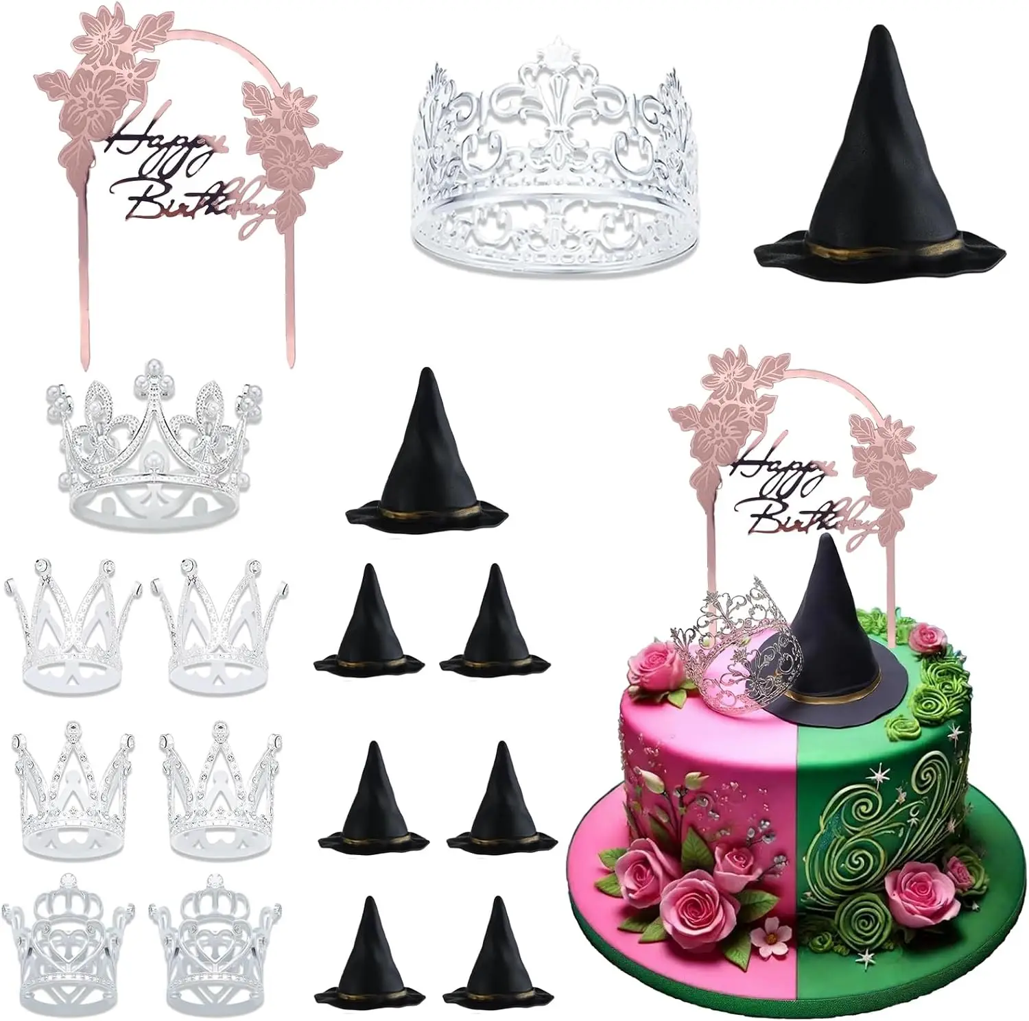 24pcs Glitter Witch & Princess Cupcake Toppers - Halloween Party Decorations With Hats & Crowns