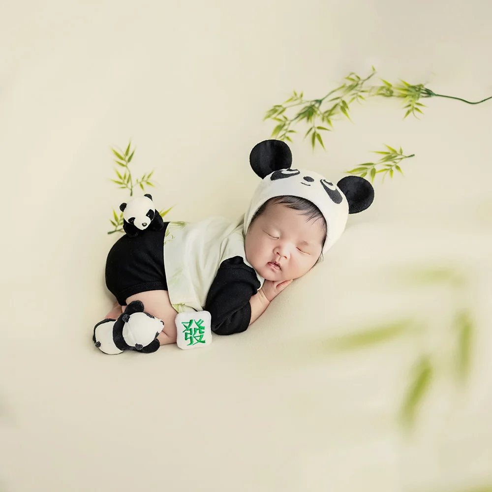 Newborn Bear Outfit for Photography Lovely Panda Theme Baby Clothes Hat With Ears Doll Bamboo Full Month Infant Photoshoot Props