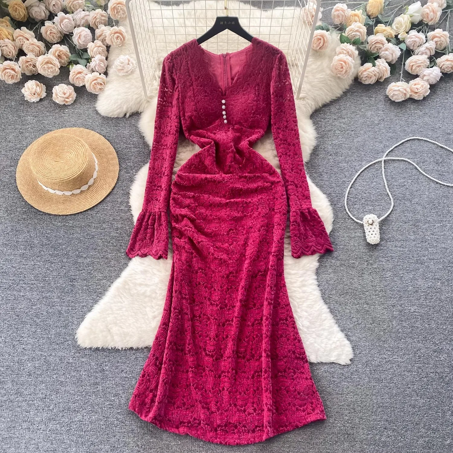 

High Quality Women Fashion Elegant Lace Spring Summer V Neck Flare Sleeve Bodycon Office Mermadid Party Dresses