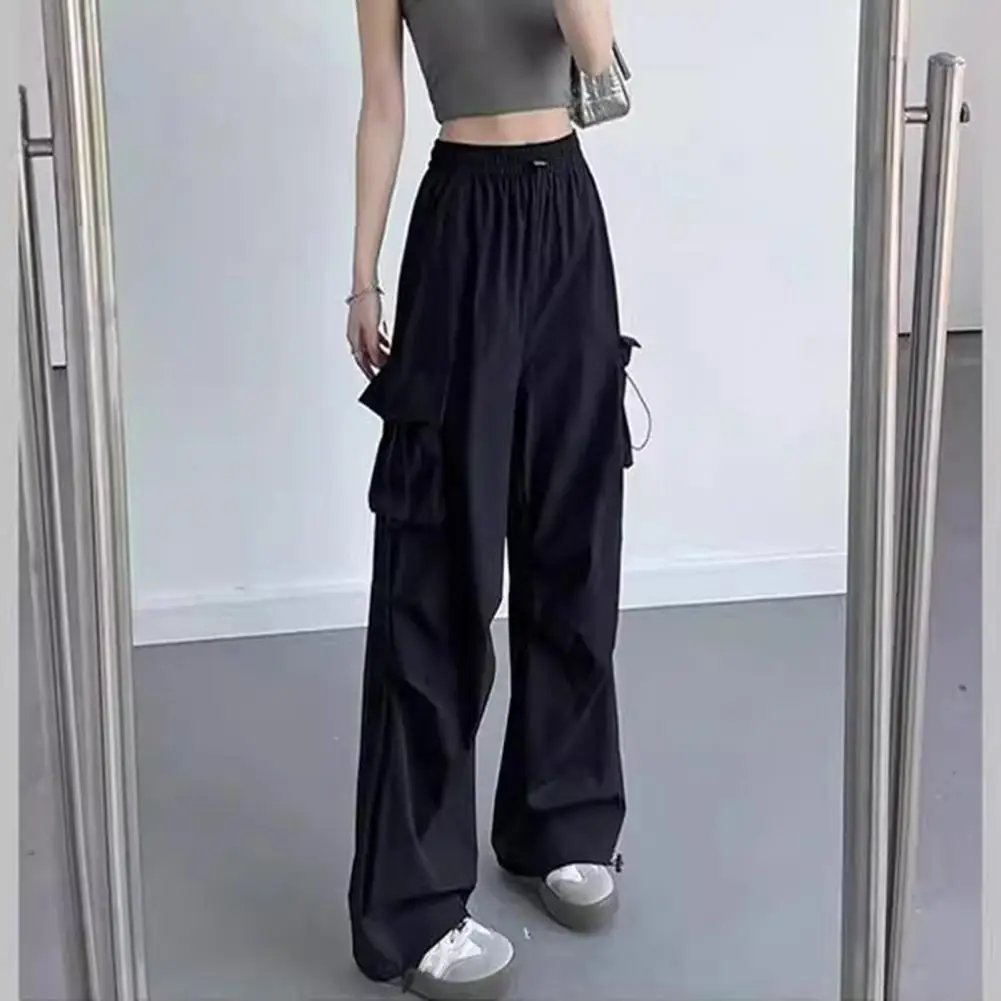 

High Waist Design Cargo Pants High-waist Loose Pants Elastic Waistband Women's Cargo Pants Adjustable High Waisted Trousers