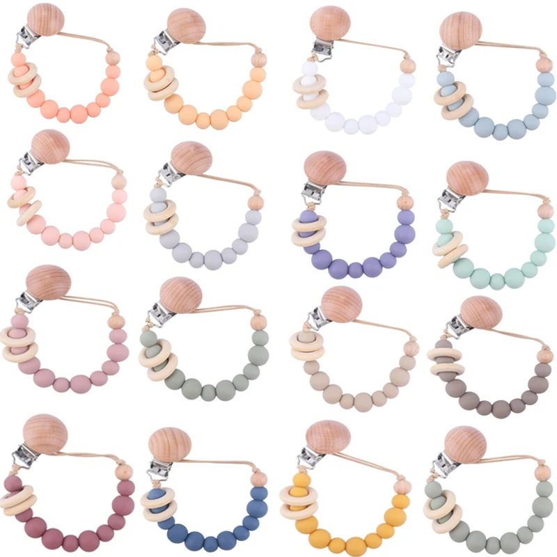 Baby Pacifier Chain Wooden Clips Silicone Beaded Infant Teething Toys