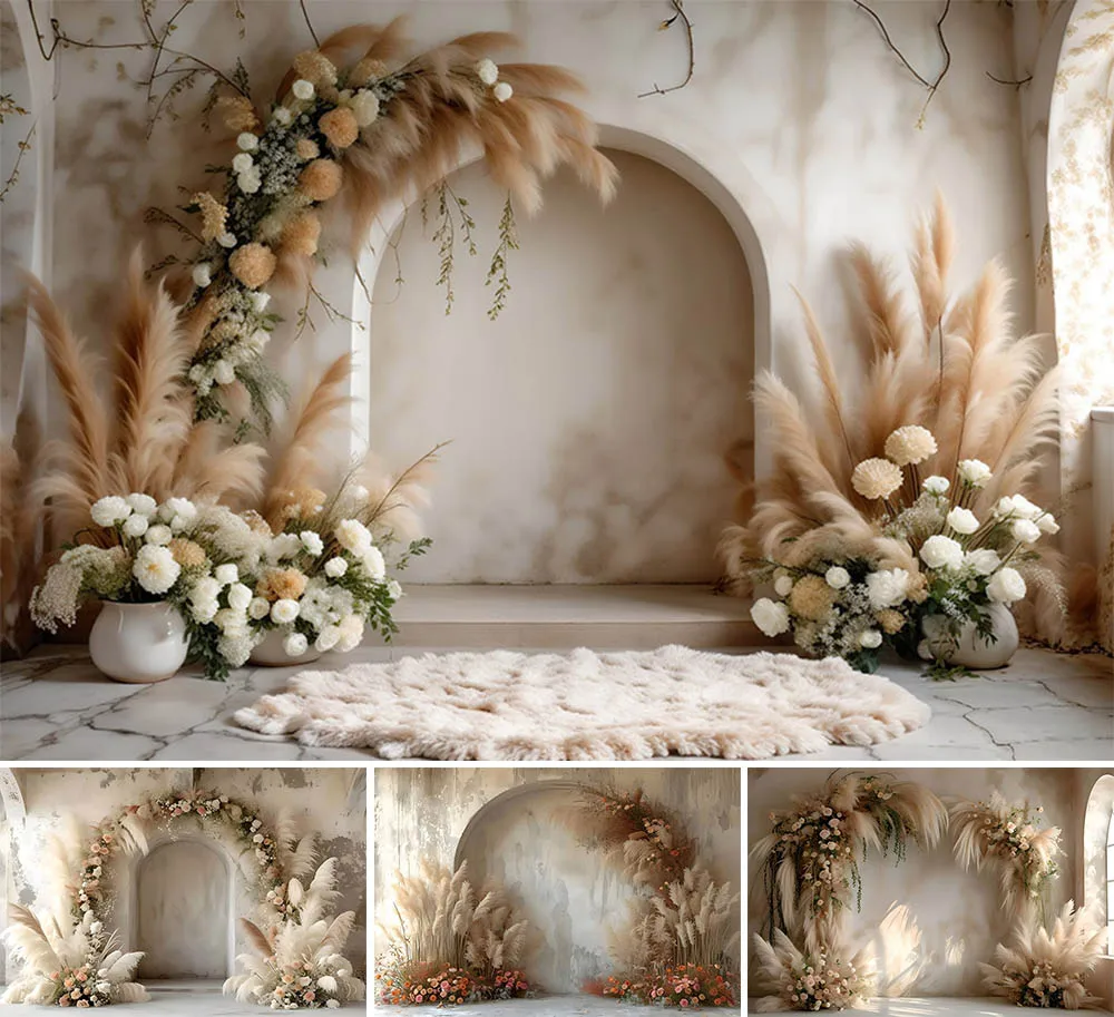 

Mehofond Photography Background Vintage Boho Pampas Grass Backdrops Maternity Portrait Floral Arches Door Wedding Prop Photozone