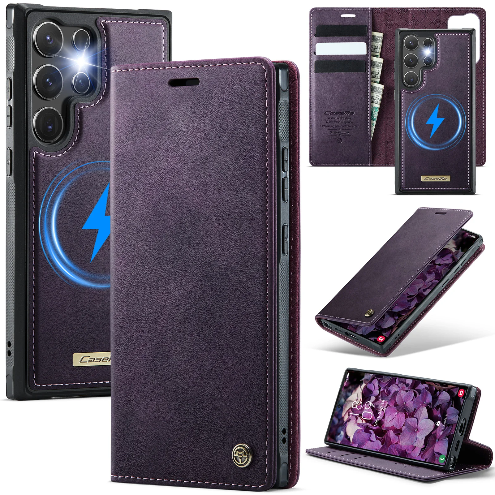 Wireless Charging Leather Wallet Phone Case with Magnetic Flip Cover