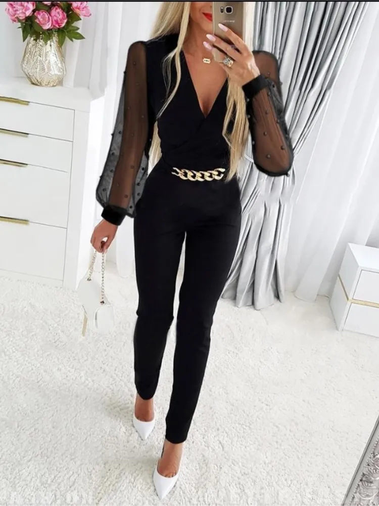 Elegant Flower Embroidery Jumpsuits Women 2024 Spring Mesh Sleeve Chain Decorate High Waist Ladies Jumpsuit V Neck Sexy Bodysuit