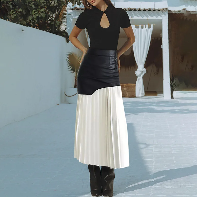 

Elegant Niche Design 2024 Autumn High-Waisted Mid-Length Pu Leather Stitching Pleated Women's Contrasting Skirt