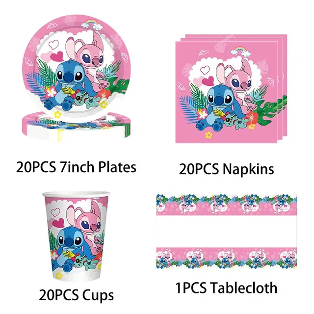 Décoration de fête d'anniversaire Disney Lilo Stitch, ensemble de vaisselle à thème pour enfants, ballons d'ange, fournitures de bannière heureuse pour faveur de fille 2