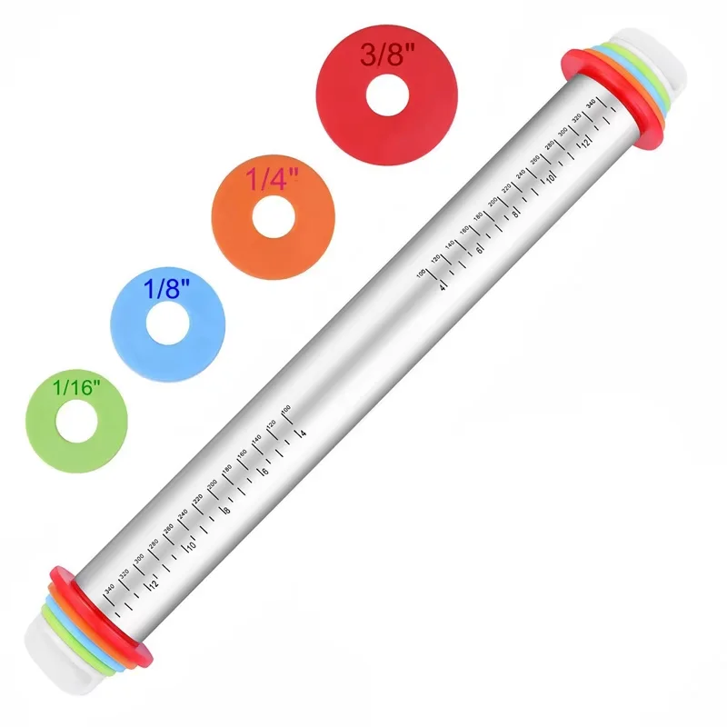 17inch Rolling Pin and Pastry Baking Mat Set Stainless Steel Rolling Pins with Adjustable Thickness Rings for Baking YY173