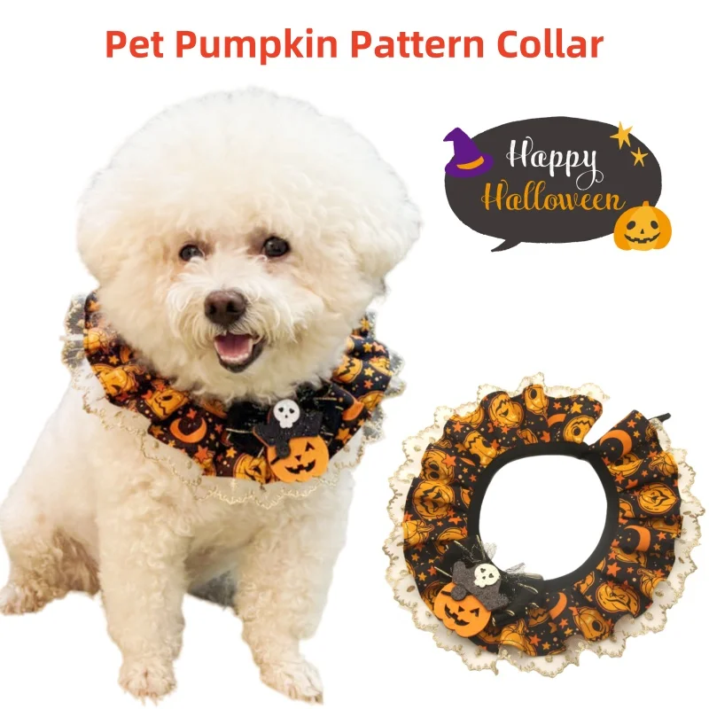 Pet Halloween pumpkin patterned scarf with adjustable collar for holiday decoration and quirky costumes