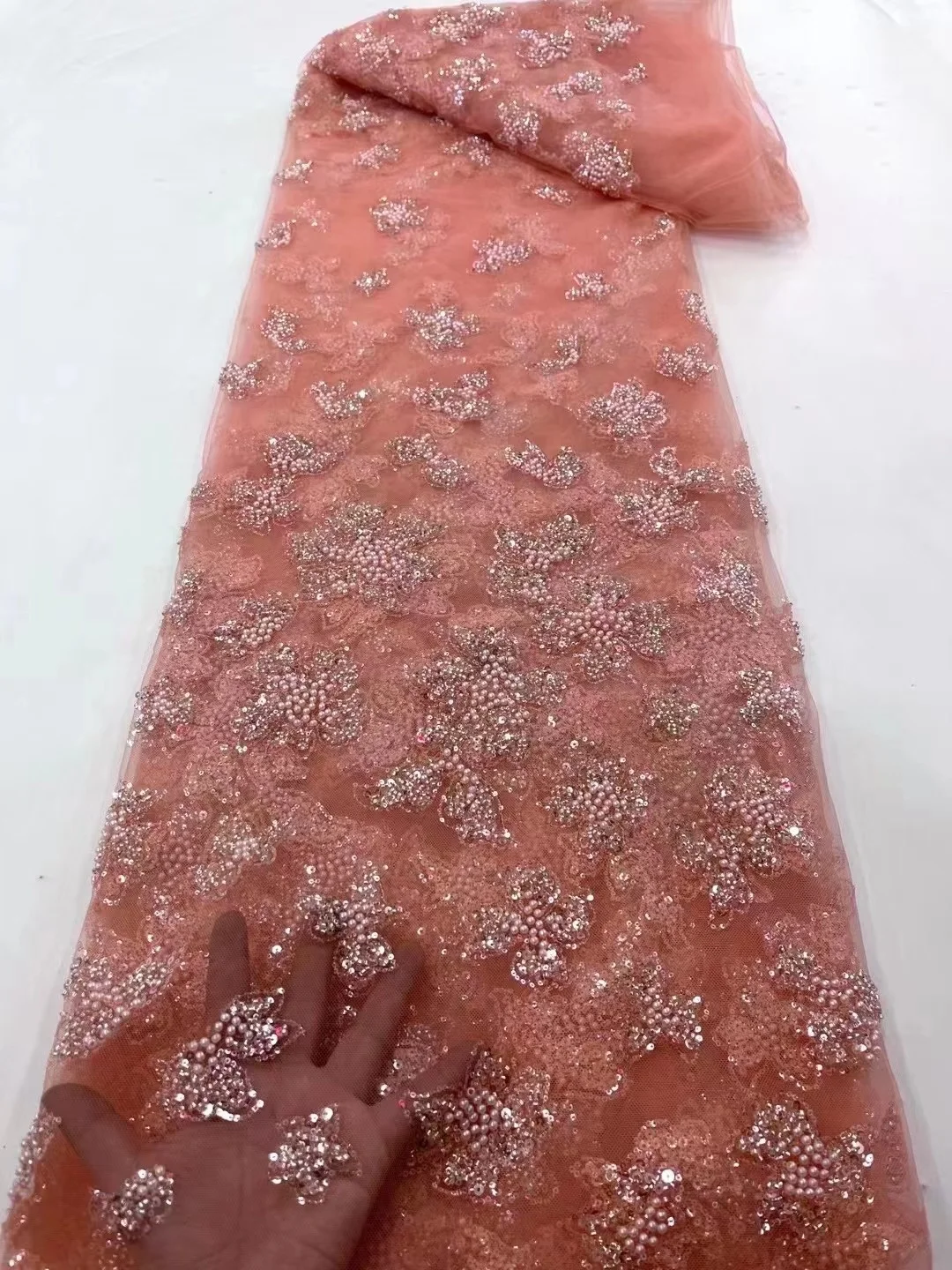 

Exquisite Peach Handmade Beaded Lace Fabric Embroidery Frenc Bride Wedding Dress Tulle Lace Fabric Nigeria Sequins Lace Material