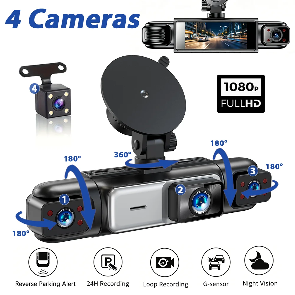 Auto-Dashcam mit 3/4-Linsen-System, 1080P HD Videorekorder, Nachtsicht, 24/7 Parküberwachung, G-Sensor, Schleifenaufzeichnung