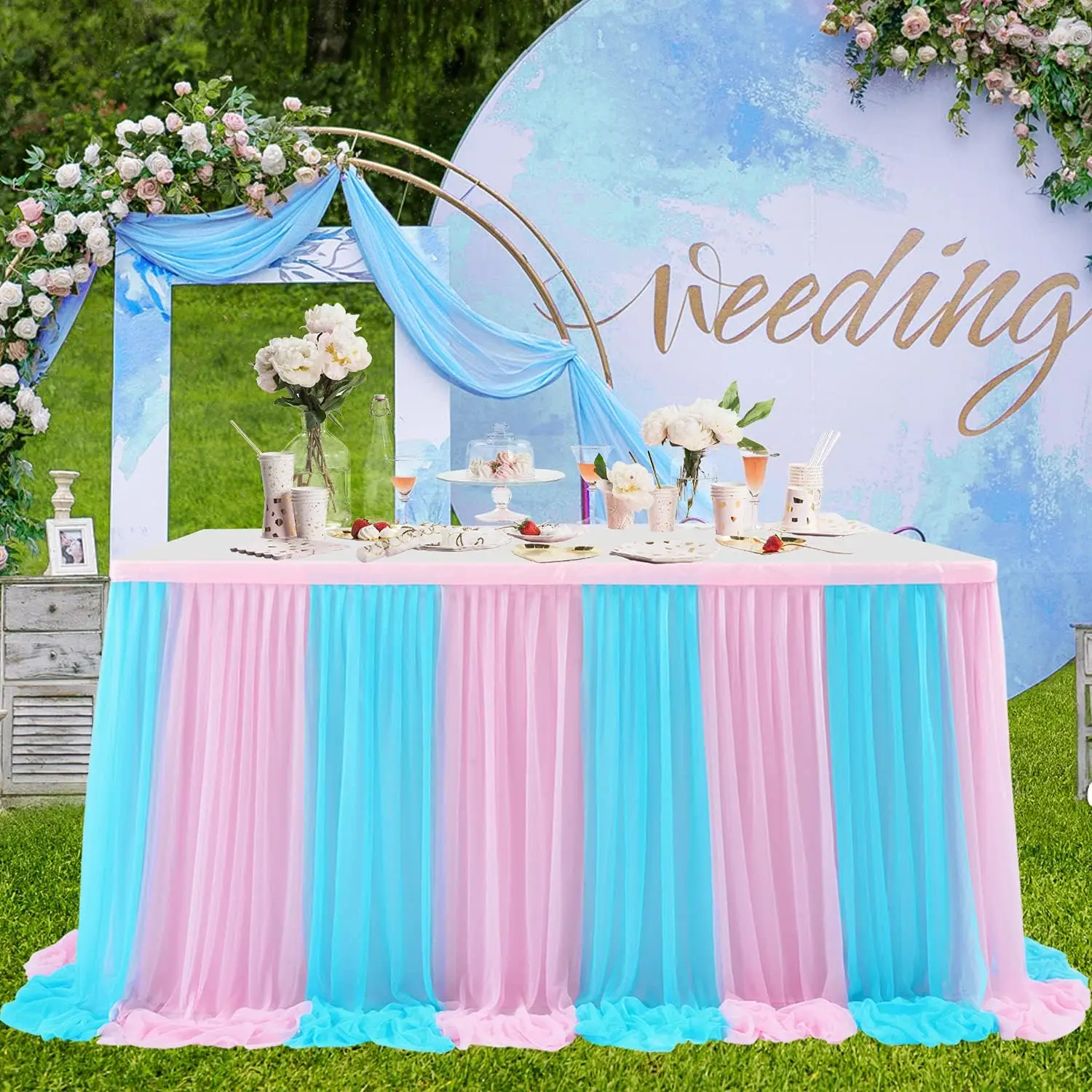 Pink and Blue Table Skirt Tulle Tutu Table Cloths Cover for Baby Shower Birthday Party Dessert Buffet Banquet Table Decorations 4