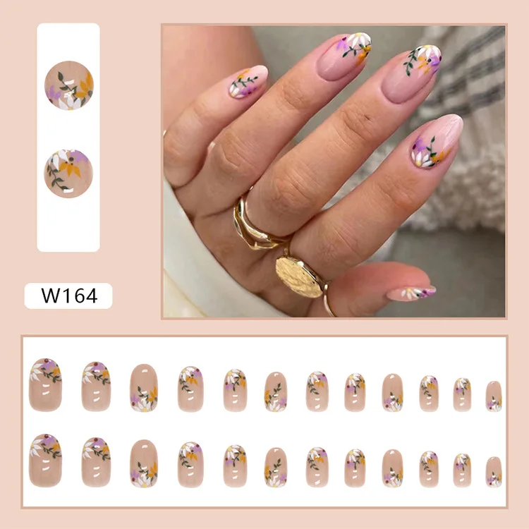 24Pcs Short Round Head Purple Flower Press-On Nails