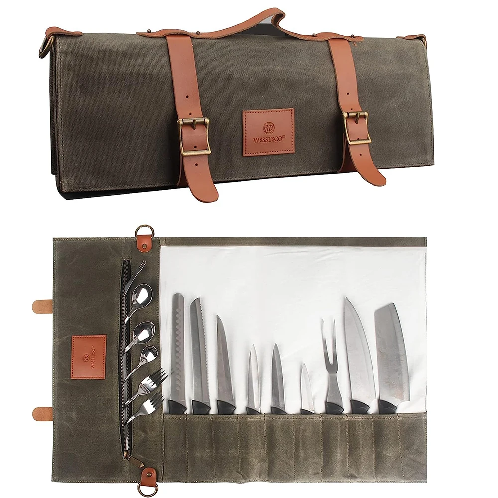 

Wessleco Chef Knife Roll Bag Waxed Canvas Knife Carrying Case Storage With Handle Shoulder Strap Zipper Pouch For Culinary Tools