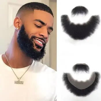 Barba e baffi finti neri afro ricci per uomo, in capelli umani, invisibili, traspiranti, in pizzo, spessi, per trucco viso