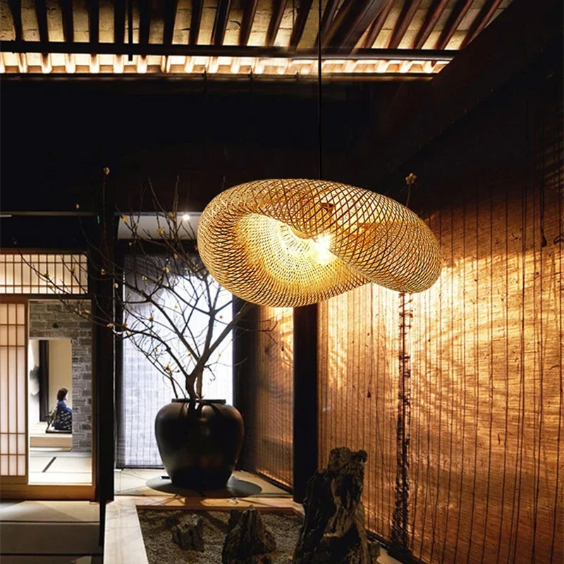 Hand Knitted Chinese Style Weaving Hanging Lamps 18/19/30cm Bamboo Pendant Lamp Restaurant Home Decor Lighting Fixtures 6