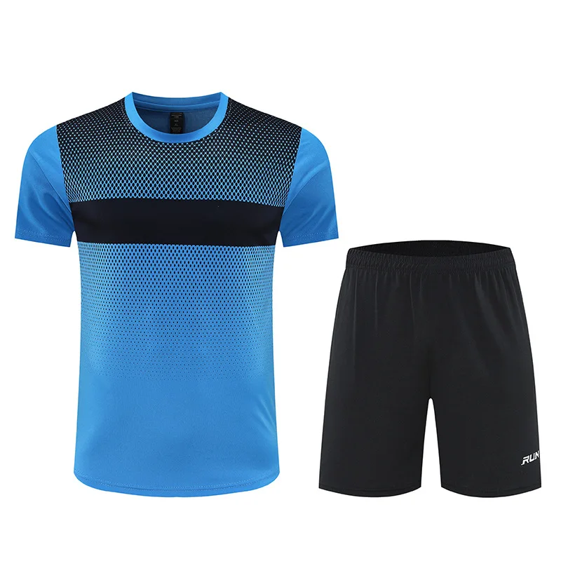 퀵 드라이 2피스 세트 남성용 러닝 스포츠 슈트 피트니스 통기성 반팔 편안한 신축성 허리 반바지 운동복 세트