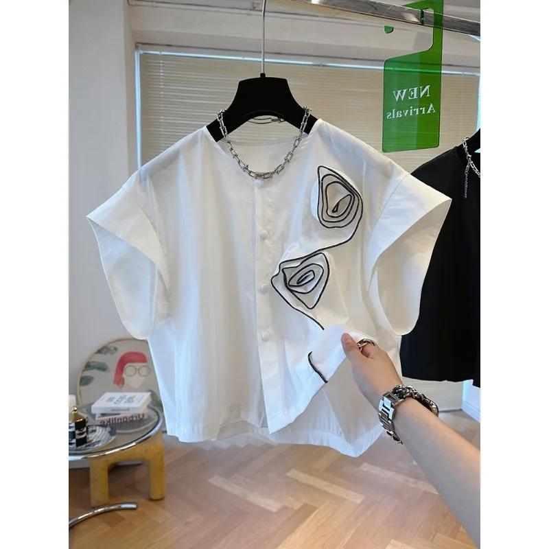 

SuperAen шикарная дизайнерская трехмерная белая рубашка с розами Женский Свободный Повседневный Топ с коротким рукавом