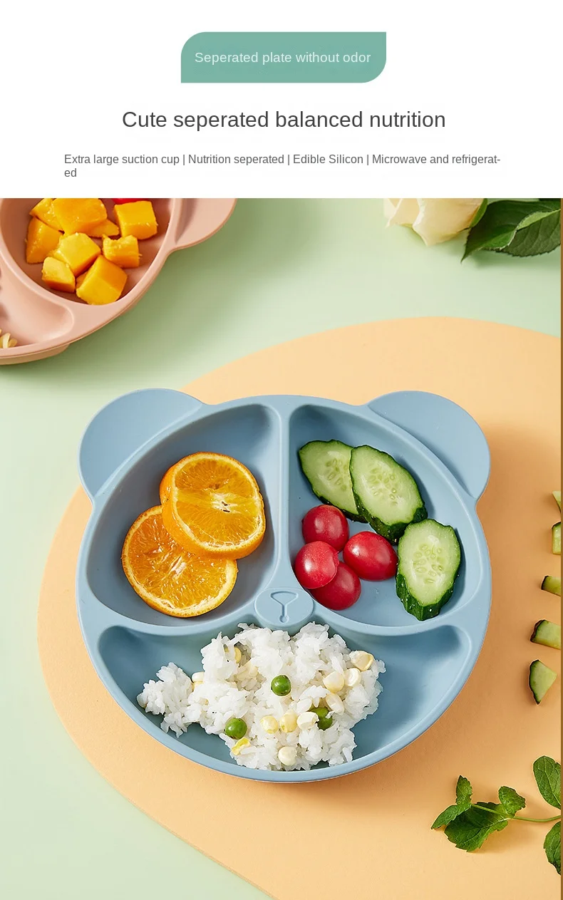 Description Picture 5 of item4PCS Baby Silicone Divided Plate Set Children's Bear FacePlate With Suction Waterproof Bibs Spoon Fork For Feeding Tableware Set