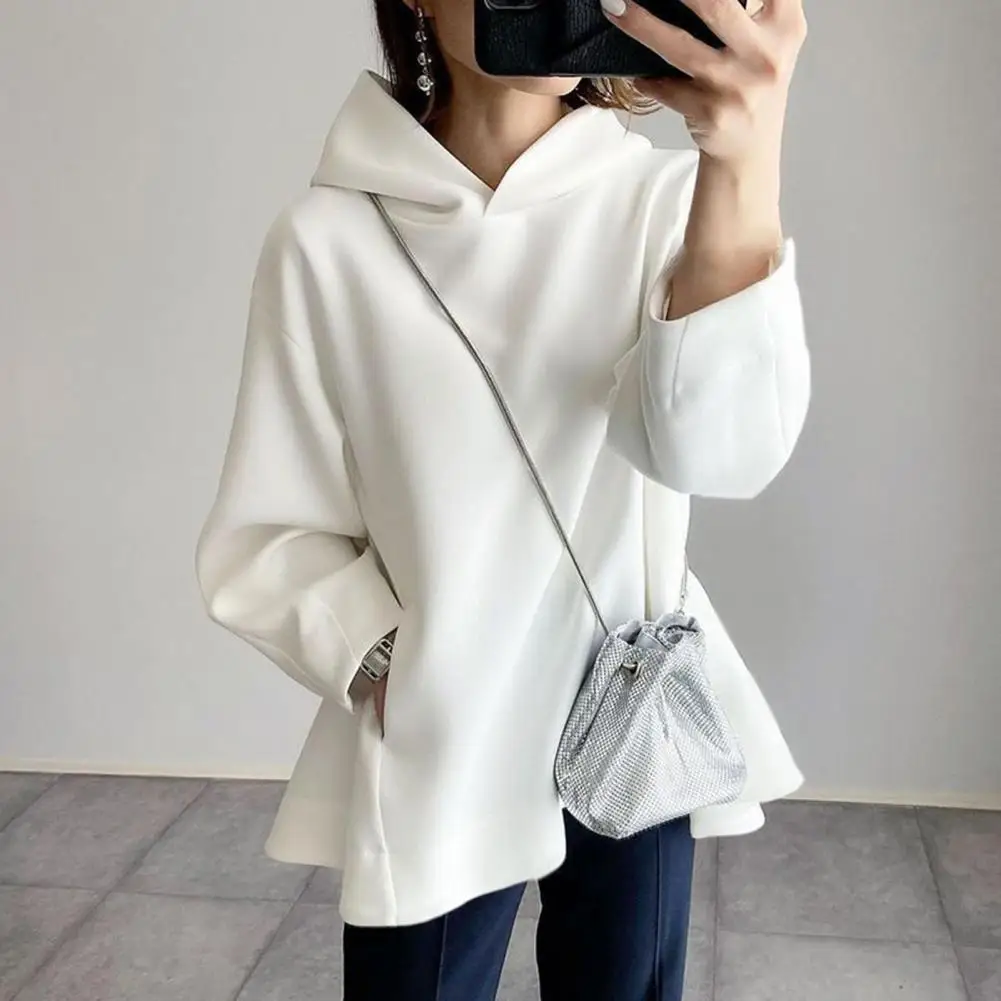 

Simple Appearance Women Hoodie Solid Color Hoodie Top Stylish Women's Hoodie with Drawstring Long Sleeves Irregular for Spring