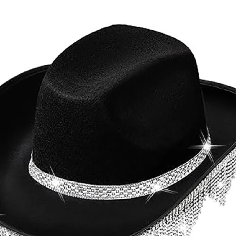 

Rolled Brims Cowboy Hat with Rhinestones Fringe for Proms Banquets Party Rhinestones Cowboy Hat for Adult Taking Photo