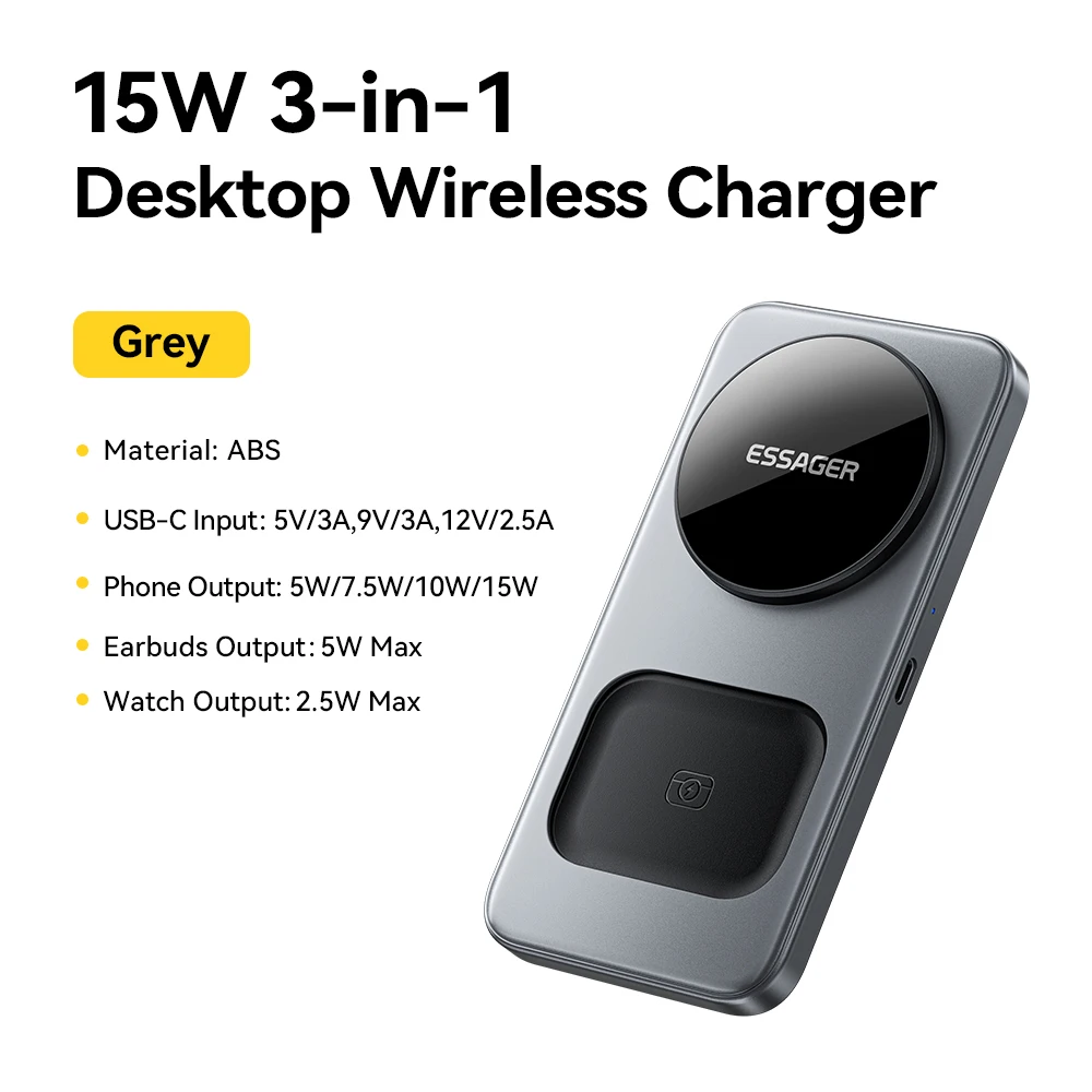 ESSAGER 15W 3-in-1 Magnetic Wireless Charging Station Foldable Phone Stand