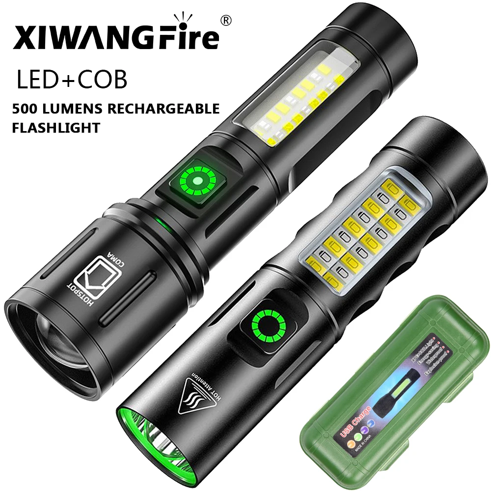 

Суперъяркий фонарик XIWANGFIRE светодиодный + COB, 500 люмен, выбор фиксированного фокуса и масштабирования, USB, перезаряжаемый, встроенный аккумулятор 1200 мАч